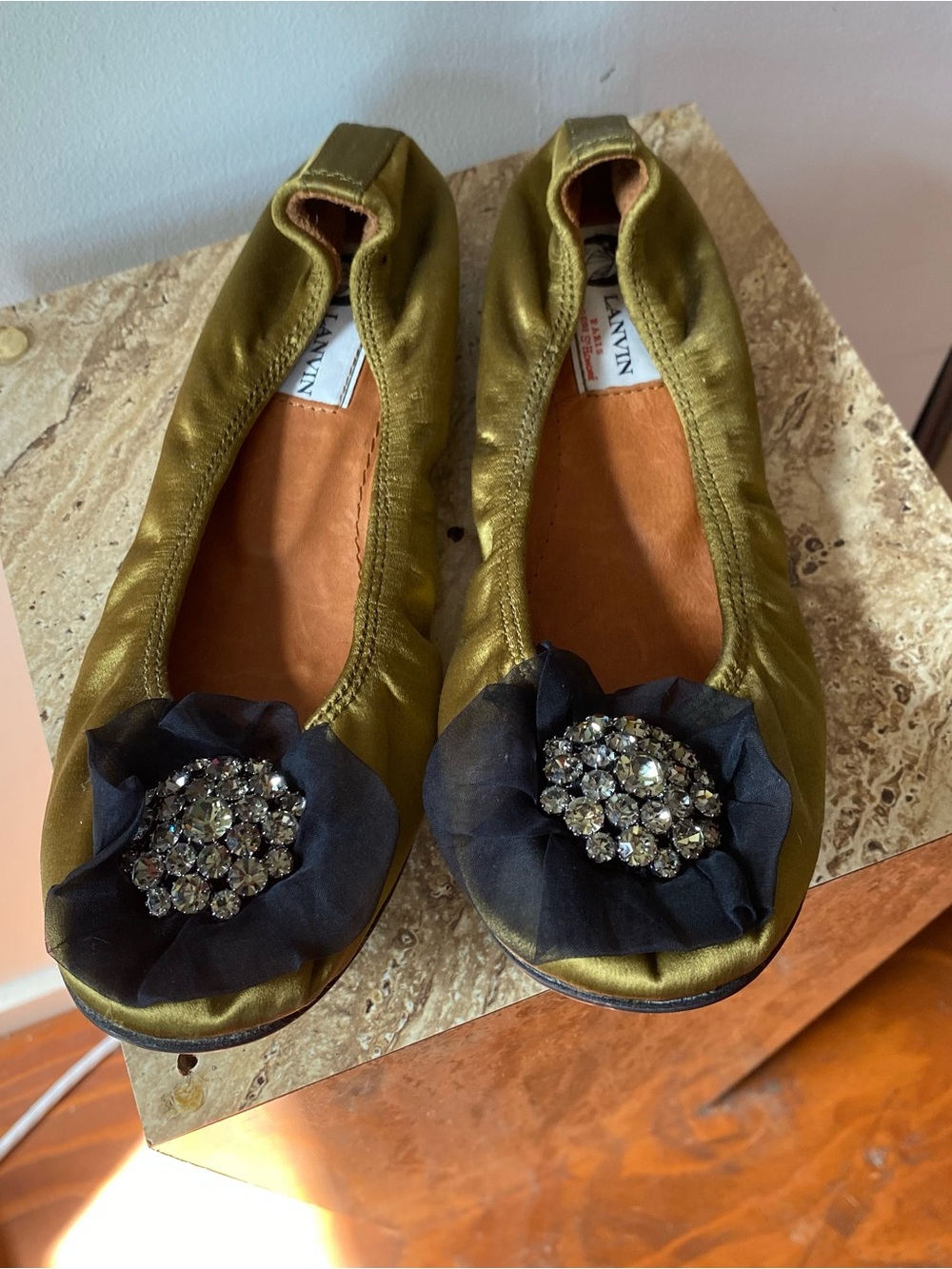 Lanvin Olive Satin Crystal-Embellished Flower Ballet Flats